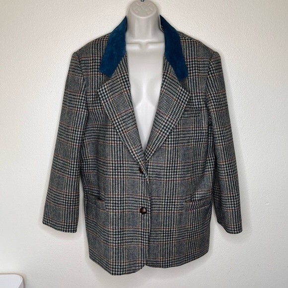 Vintage International Scene Wool Glen Plaid Suede Leather Lapel Blazer Women 14 - Picture 16 of 16